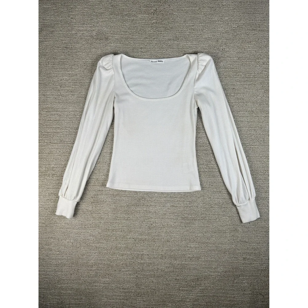 Reformation Jeans White Ribbed Scoop Neck Puff Sleeve Top XS
